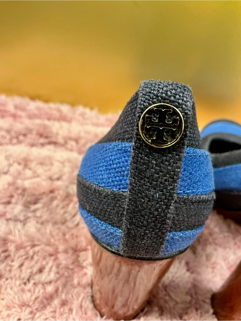 Tory Burch Blue and Black Striped Platform Pumps